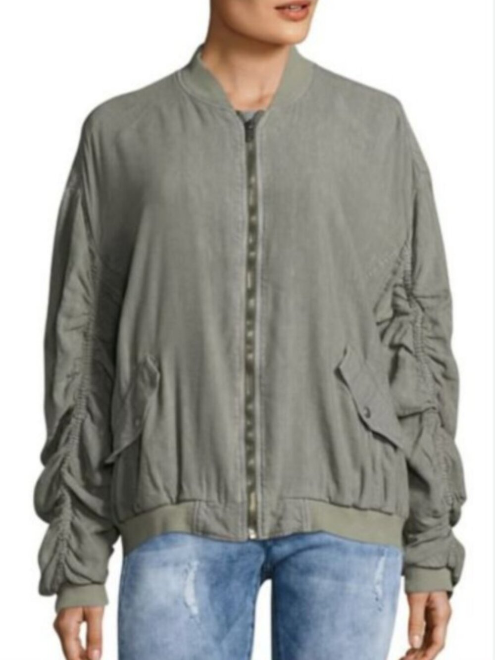 Free People Linen Blend Ruched Bomber Jacket Lightweight Zip Front Large Boho